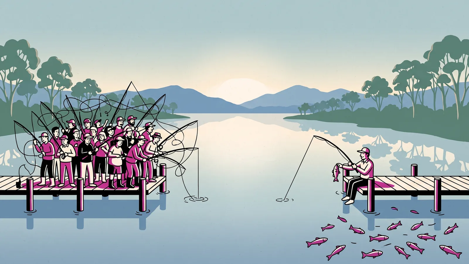 Illustration: a crowded fishing jetty with tangled lines next to a quiet jetty where a lone angler catches plenty of fish