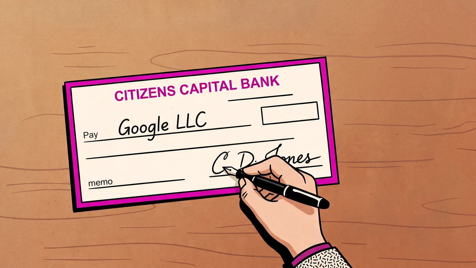 Illustration: a hand signing a blank cheque made out to Google LLC